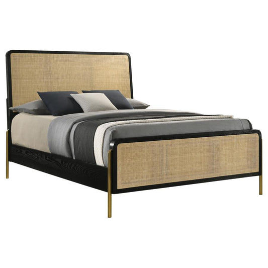 Arini Queen Bed with Woven Rattan Headboard Black and Natural