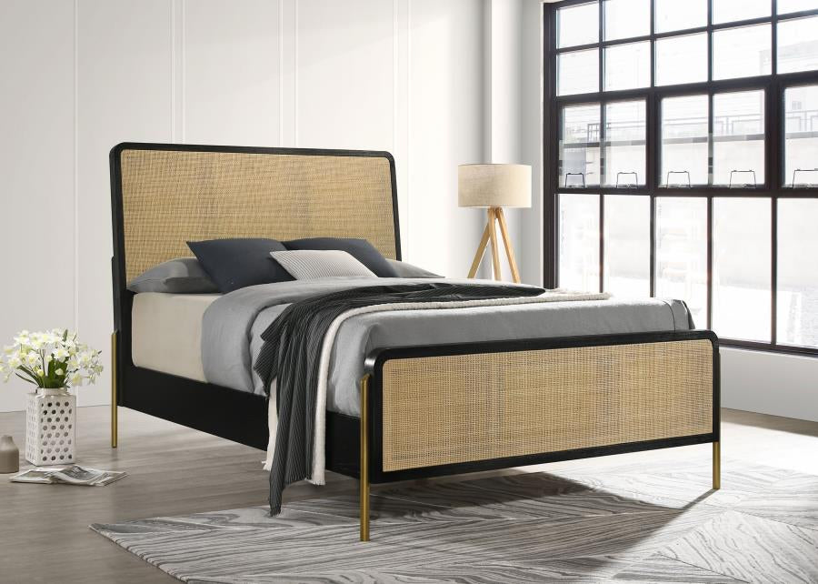 Arini Queen Bed with Woven Rattan Headboard Black and Natural